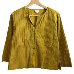 Anokhi Womens Pleated 3/4 Sleeve Blouse Yellow Large Boho Lagenlook Lagom Scandi